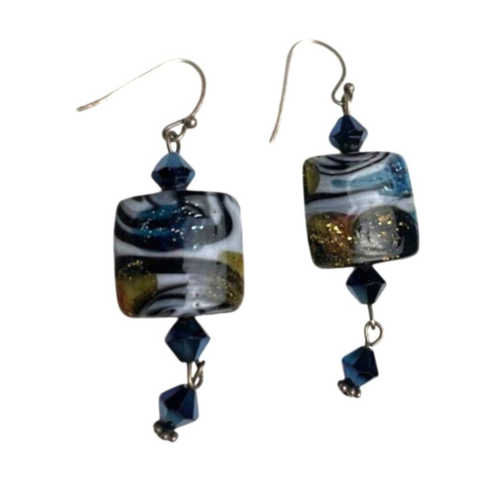 Glass Dangle Earrings Blue Gold Marble Pattern‎ Square Women's Ear Jewelry